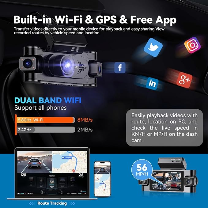 4K 360° Dash Cam for Cars, 4 Channel Front Rear Inside with 128GB Card, Super Night Vision, Fastest 5.8GHz WiFi GPS, Voice Co