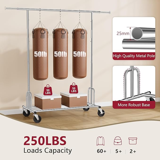 Tajsoon Heavy Duty Clothes Rack Foldable Garment Rack with Wheels and Extendable Rod, Freestanding Clothing Rack for Hanging 