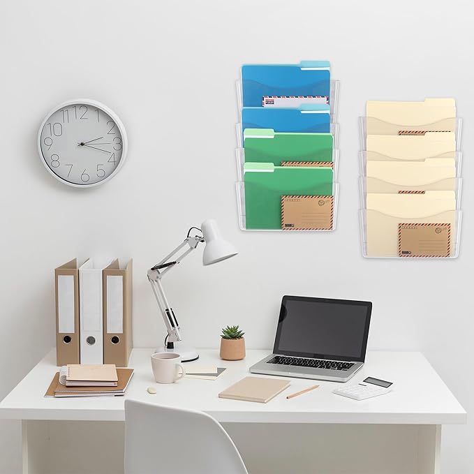EASEPRES 8 Pack Clear Single Pocket Hanging File Organizer, Plastic Wall Mount Paper Mails Magazines Holder, Mounted Folder B