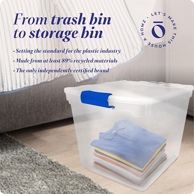 HOMZ 4-Pack 31 Quart Latching Lid, Clear Plastic Storage Organizer Bins, Blue – Stackable Containers for Home & Office Shelve