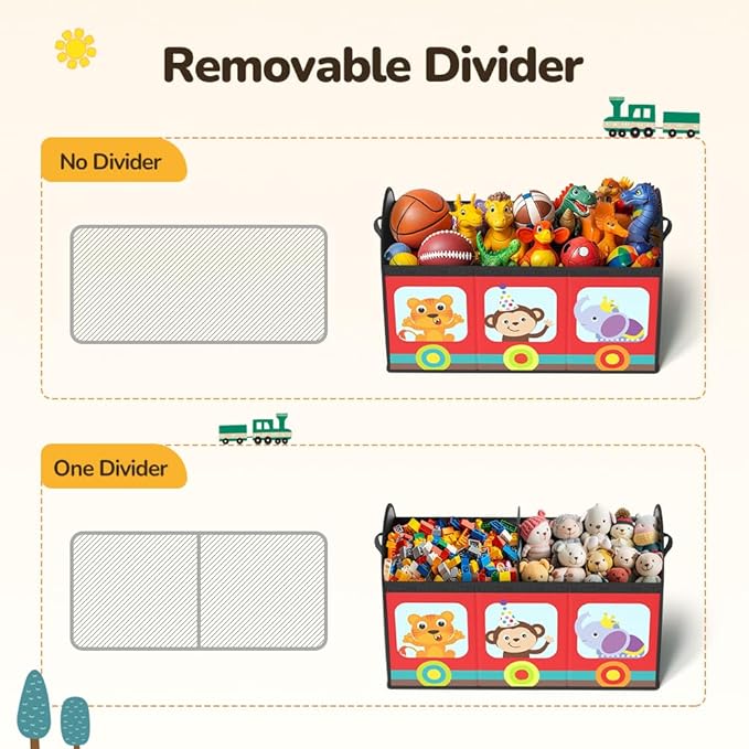 YOHOOLYO Toy Storage Organizer for Kids, 28.3x12.6x17.3 Large Sturdy Flip-Top Toy Box with Fabric Lid & Handles, Cute Train D
