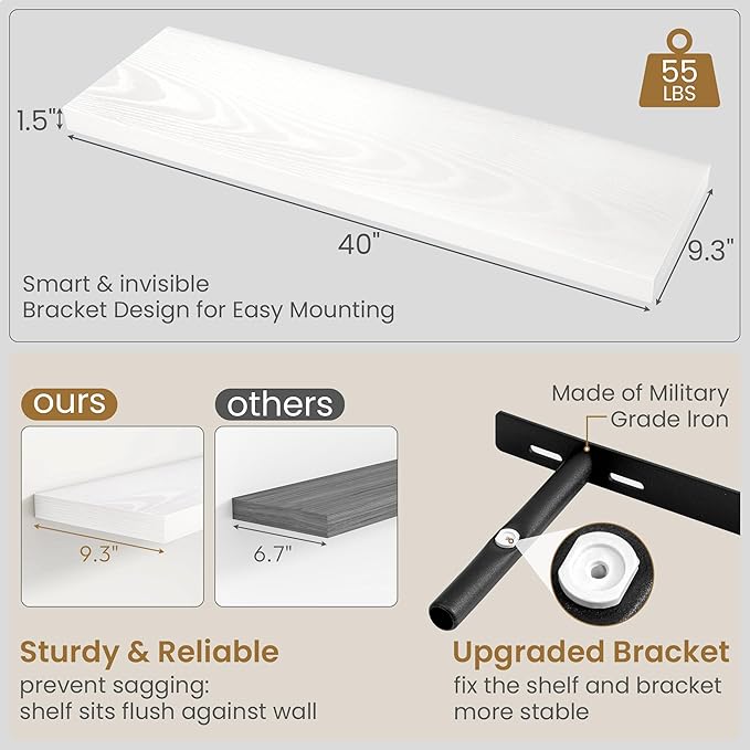 Fun Memories 40 Inch Floating Shelves in White, 9.3 Inch Deep Floating Shelf for Bathroom Living Room Kitchen, Rusitc Wall Mo