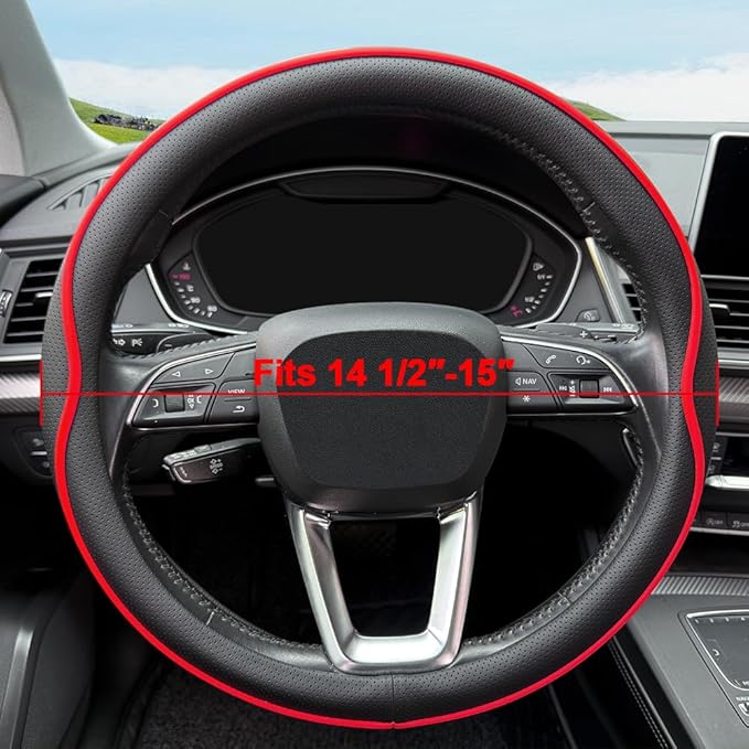 HAOTULE Leather Steering Wheel Cover， with Anti-Slip Stripe Design - Enhanced Grip, Fashion Style, Safe, Non-Slip, Breathable