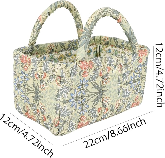 Small Storage Basket Organizer, Mini Fabric Floral Storage Baskets with Handle, Quilted Portable Collapsible Storage (H)