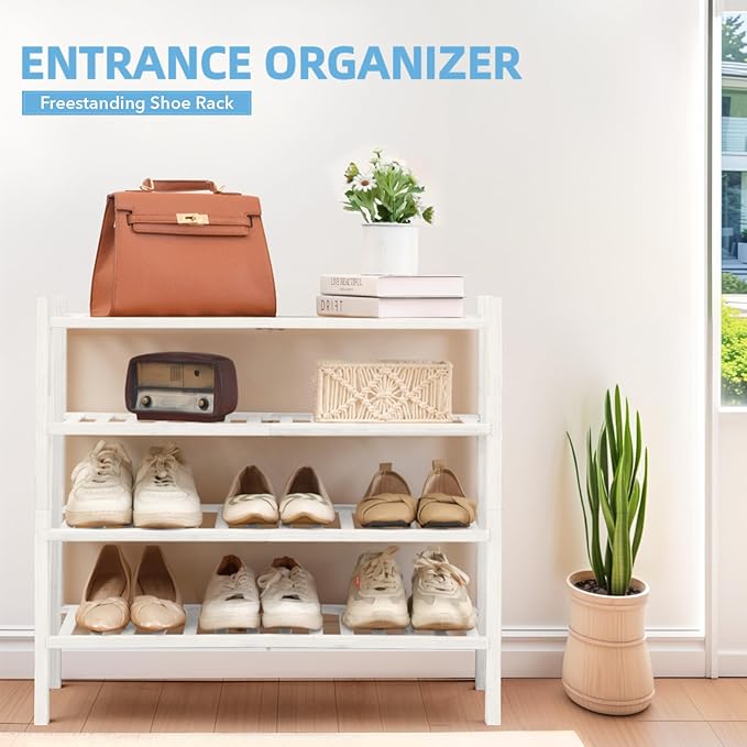 4 Tier Bamboo Shoe Rack Storage Organizer for Closet, Multifunctional Stackable Free Standing Shoe Shelf Organizer for Small 