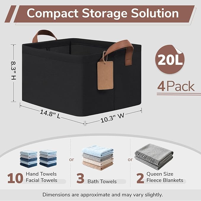 CHICVITA 4 Pack Storage Baskets for Shelves, Collapsible Fabric Closet Storage Bins with Metal Frame, Towel Organizer for Liv