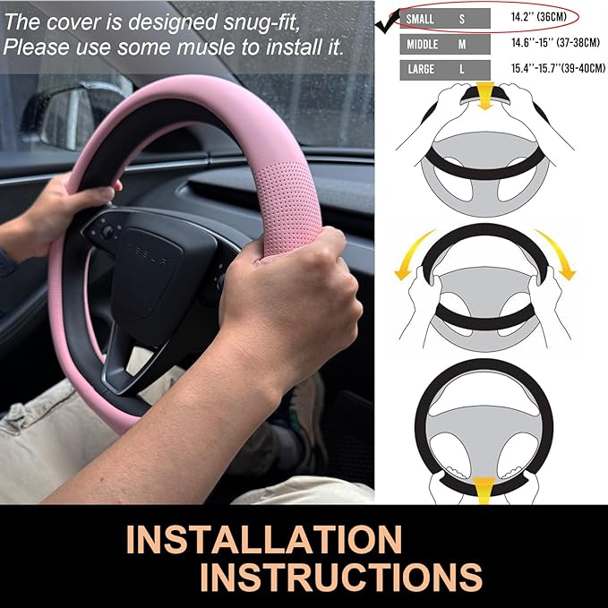 PINCTROT Nappa Leather Steering Wheel Cover for Tesla Model Y/3 Highland/Juniper, D Shaped 14 Inch Small Sized with Breathabl