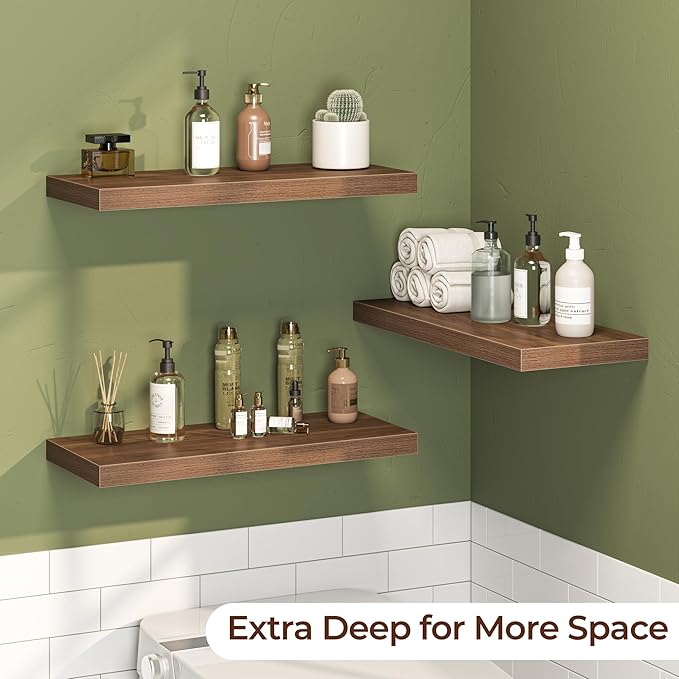 Fun Memories Floating Shelves for Wall 24 Inch Set of 3, Farmhouse Floating Shelves with Invisible Heavy Duty Bracket, 10 Inc