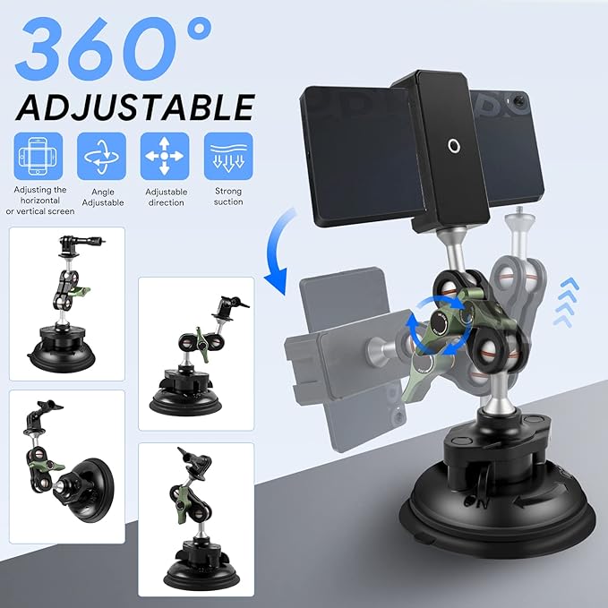 REYGEAK Aluminum Alloy Car Suction Cup Camera Mount,with Phone Holder with 1/4 Thread,Windshield Vehicle Attach for GoPro Hero13/12/11/10/9 Black DJI Pocket 3/Action 5/4,Insta360 X4/X3 Accessories
