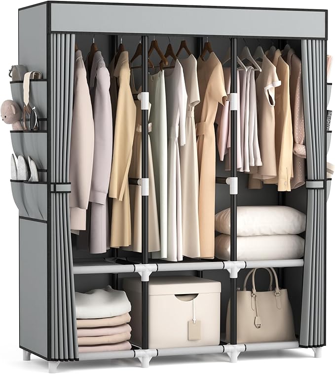 VTRIN Portable Closet Wardrobe for Hanging Clothes Closet with Cover, 3 Hanging rods, 6 Storage Shelves and Side Pocket, Diam