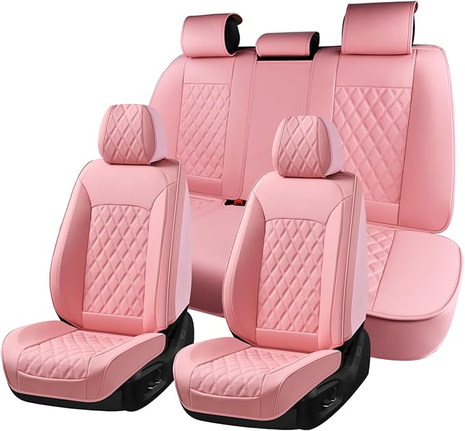 Huidasource Pink Seat Covers, Nappa Leather Car Seat Covers, Velcro Adjustable, Compatible with Airbags, Armrests, Child Seat
