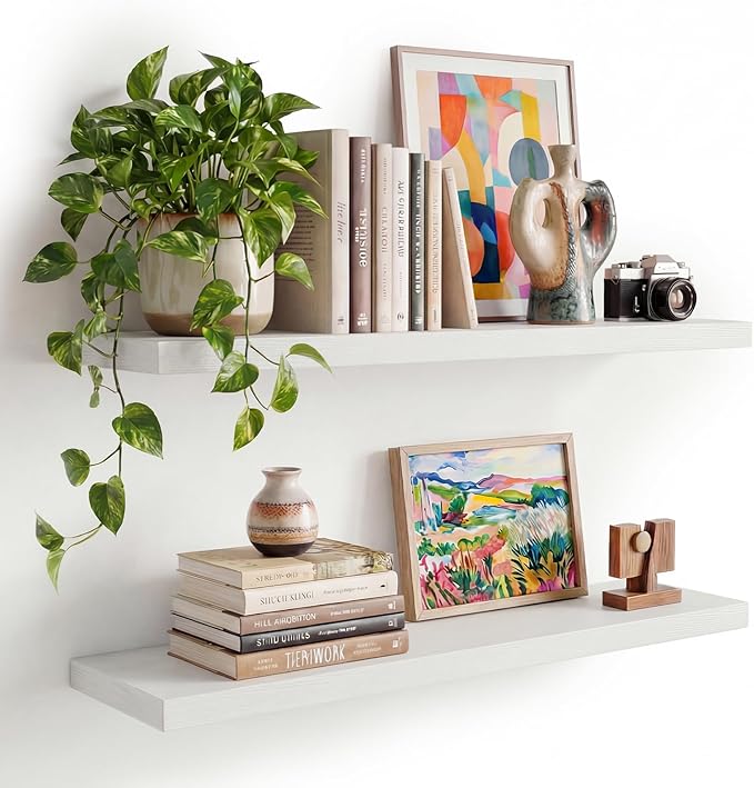 INHABIT UNION White Floating Shelves Set of 2, 35.43in Wall Mounted Display Ledge Shelves for Bedroom Bathroom Living Room an
