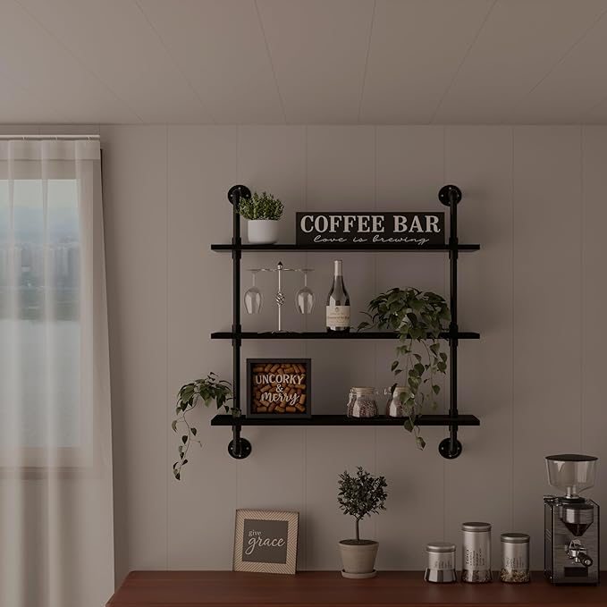 Industrial Pipe Shelf Shelving Bookcase, Wall Mounted Rustic Bookshelf, Floating Bookshelves for Wall,Retro Wood Metal Pipe I