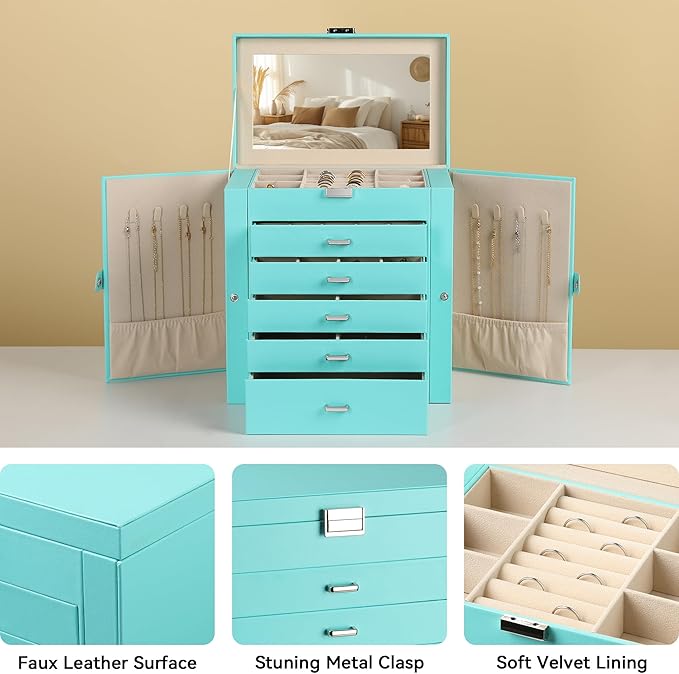 Frebeauty Large Jewelry Box,6-Tier PU Leather Jewelry Organizer,Multi-functional Storage Case with Mirror,Accessories Holder 
