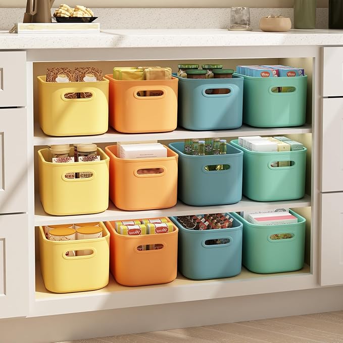 8 Pack Colorful Storage Bins with Lids for Shelves, Classroom Storage Bins, Stackable Colored Bins, Plastic Storage Container