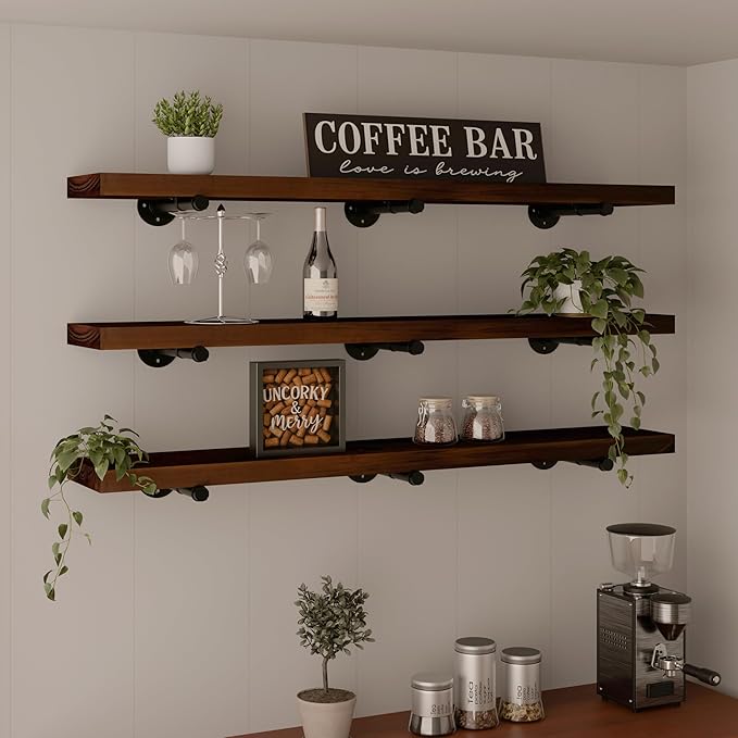 Industrial Pipe Wall Wood Shelves,Real Wooden Shelves 48" in Walnut Color with 1.2" Extra Thick, Modern Floating Shevles Book