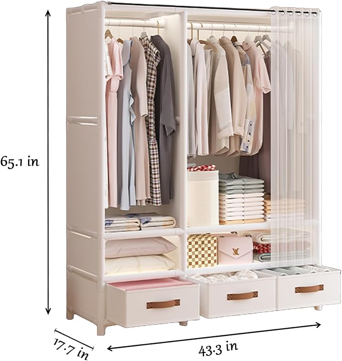 Portable Closet,Portable Closets for Hanging Clothes,Japanese Style Wardrobe Clothing Rack with 3 Drawers,1 Hanging Rods and 