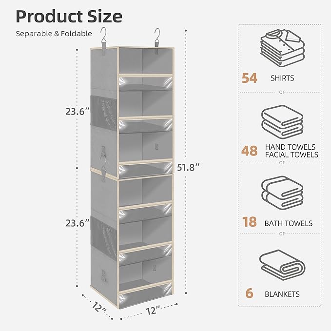 STORAGE MANIAC 6-Shelf Hanging Closet Organizer and Storage, 2 Separable 3-Shelf Haning Organizers for Closet, Collapsible Ha