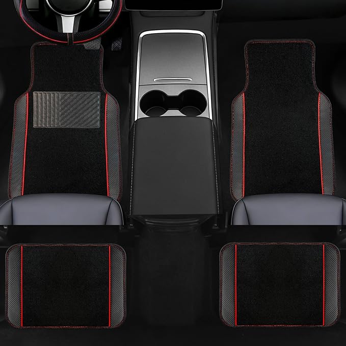 NBTEPEM Microfiber Steering Wheel Cover and Waterproof Car Floor Mats, Universal Fit Most Truck, SUV, Cars, 14.5-15inch Sporty Steering Wheel Covers with Anti-Slip Lining (Black with Red line)