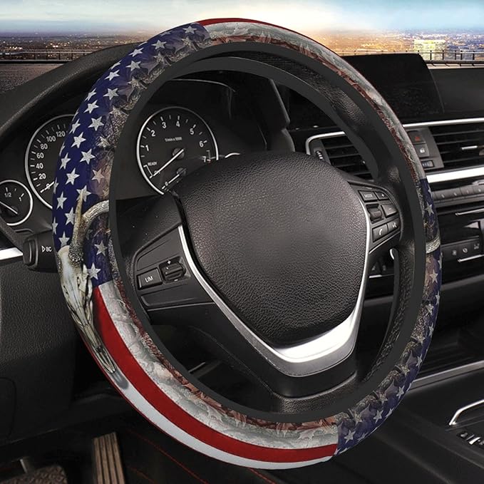 Camouflage Deer American Flag Steering Wheel Cover for Men, Anti-Slip Elastic Breathable Soft Rubber Car Steering Wheel Prote