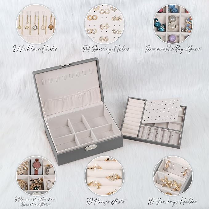 Jewelry Box for Women Girls, 2 Layers Jewelry Organizer Container with Lock, PU Leather Storage Case with Removable Tray, Jew