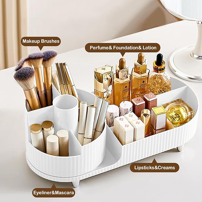Rotating Vanity Organizer with Brush Holder, Large Spinning Makeup Skincare & Cosmetic Organizer, Countertop Perfume & Lotion