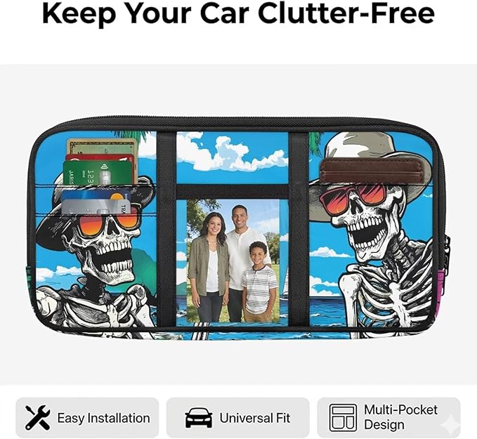 Attractions Sun Visor Organizer for Trucks,Vacation Skull Card Sleeve Pocket with Multi-Pocket Zipper, Auto Interior Accessories Pocket Organizer