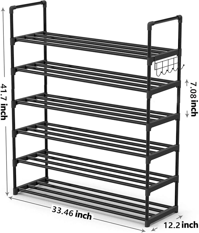 Hsscblet 6 Tiers Metal Shoe Rack,Adjustable Shoe Shelf Storage Organizer with Hooks,Stackable Boot & Shoe Storage,for Entrywa