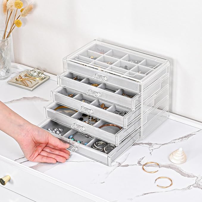 ProCase Earring Holder Organizer Jewelry Box with 5 Drawers, Acrylic Clear Earring Case with Adjustable Velvet Trays for Wome