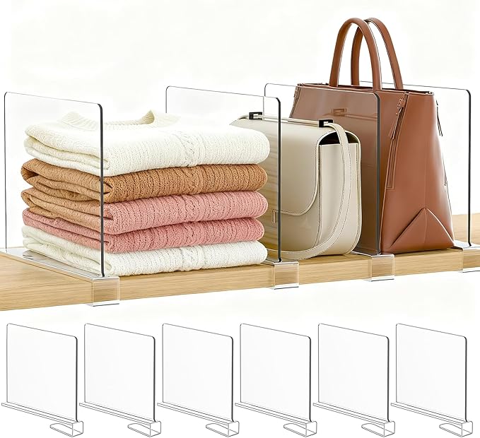 Purse Organizer for Closet Shelf Dividers: 6-Pack Adjustable Clear Acrylic Bag Storage Organizer for Handbags, Sweaters, Towe