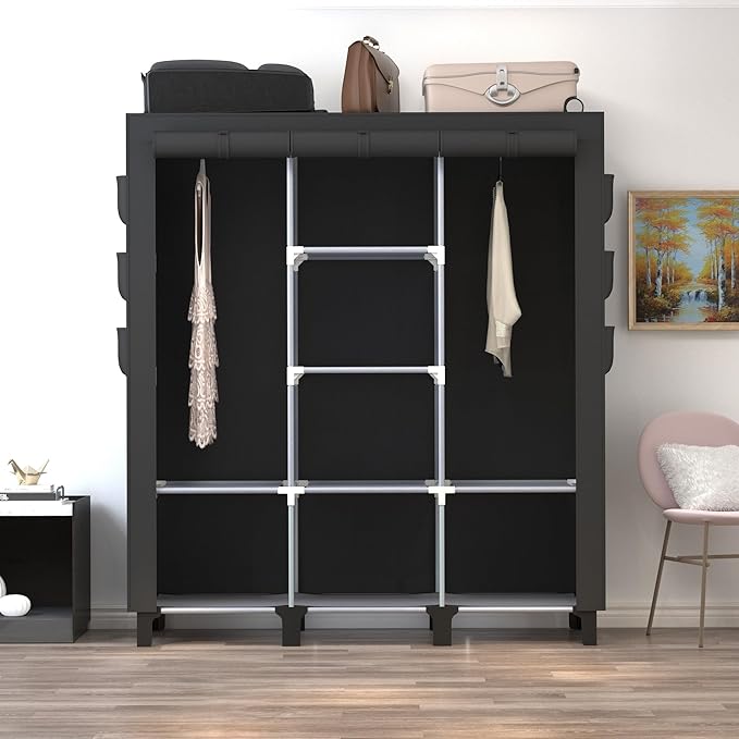 Portable Wardrobe with 10 Storage Racks and 2 Hanging Poles 6 Side Pockets Fleece Cover, Size 130 x 45 x 172 cm, Bedroom Clos