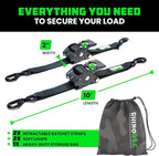 Rhino USA Retractable Ratchet Straps (2-Pack) - 2 Inch x 10 Feet (3,033lb Break Strength) - Heavy Duty Auto Self Retracting Tie Down Straps for Truck, Cargo Trailer, Motorcycle, Rad & More - Black