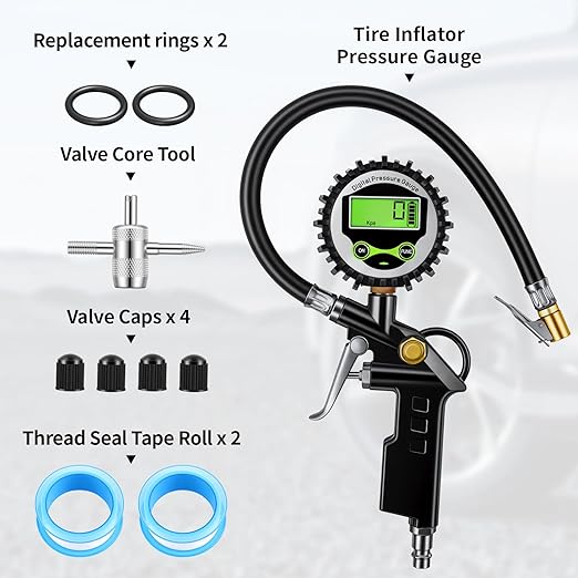 Digital Tire Inflator with Pressure Gauge, 250 PSI Heavy Duty Air Compressor Accessories, 0.1 Display Resolution Air Chuck with Rubber Hose & Quick Connect Coupler for Car, Truck, RV