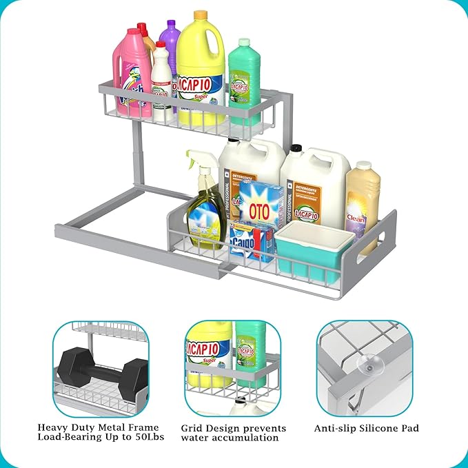 REALINN Under Sink Organizer, Pull Out Cabinet Organizer 2 Tier Slide Out Sink Shelf Cabinet Storage Shelves, Storage for Kit