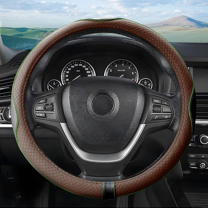 Leather Steering Wheel Cover, Soft Breathable Anti-Slip Protector for Car, Truck, SUV - Universal Fit 15 Inch for Women and M