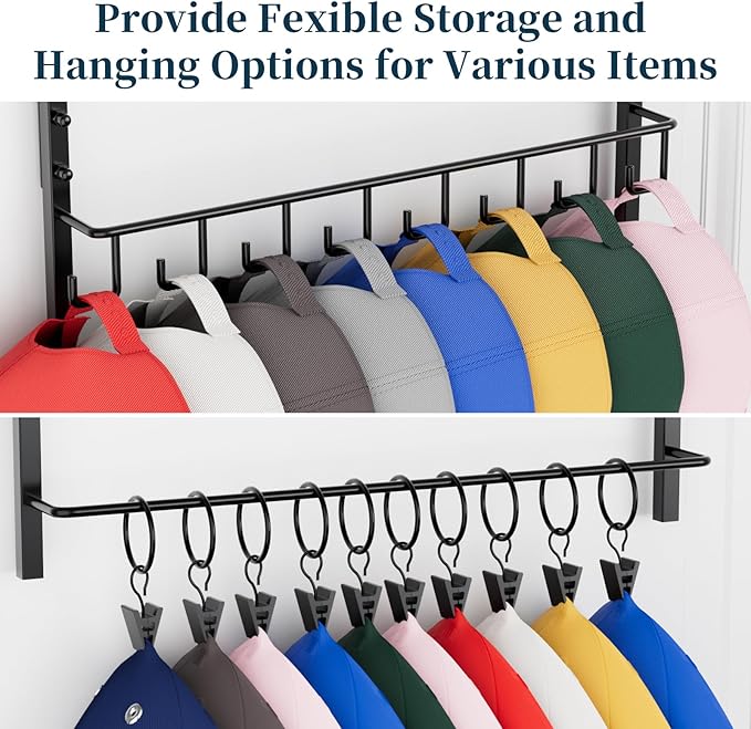Consumest Over Door Hat Organizer - 3 Tier Wall Mounted Hat Rack with 16 Hooks and 10 Movable Clips, Hanging Baseball Cap Sto