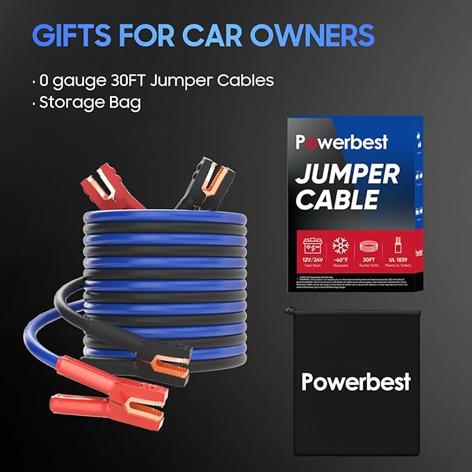 Heavy Duty Jumper Cables, 0 Gauge 30 Feet 1000Amp Automotive Booster Cables for 12V & 24V Cars, SUVs and Trucks, Jumper Cables Kit with Carry Bag (0AWG x 30Ft)