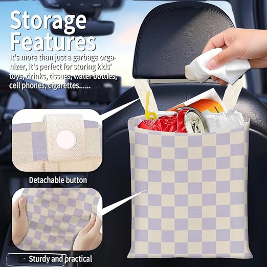 Hanging Car Garbage Bag, Cute Car Trash Can Bag, Automotive Accessories for Women Men Cute Purple Checkerboard
