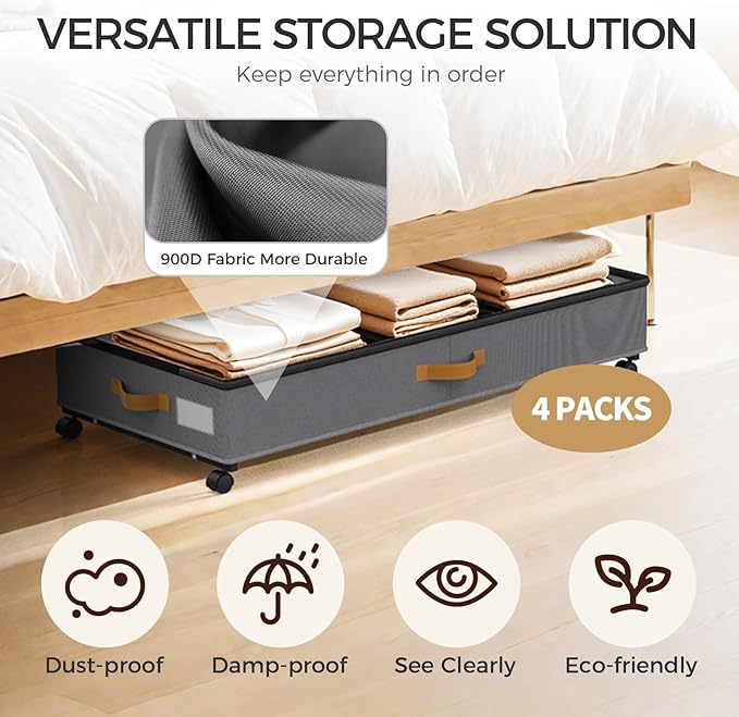 Under Bed Storage with Wheels 4-Pack, 75L XXL Under the Bed Storage Containers Large, 12" Tall Adjustable Storage for Underbe