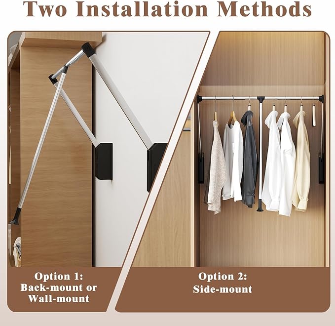 Pull Down Closet Rod, 32.68"-45.27" Width Adujstable Clothing Organization Rail with Dual Hydraulic Buffer, Back-mounted Ward