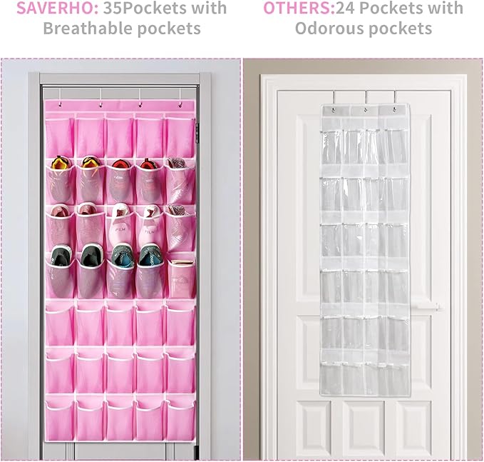 SAVERHO 35 Pockets Over the Door Shoe Organizer, Hanging Shoe Organizer for Door with 35 Mesh Pockets Large Capacity Shoe Han