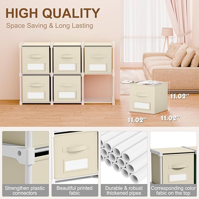 Geelin 6 Cube Storage Organizer with Fabric Bins and Labels 11 Inch, Fabric Collapsible Cubby Clothes Storage Drawer Dresser 
