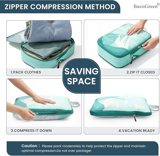 7 Set Compression Packing Cubes for Travel - Compressible/Expandable Luggage Organizer Bags Set, Double Zipper Packing Organi
