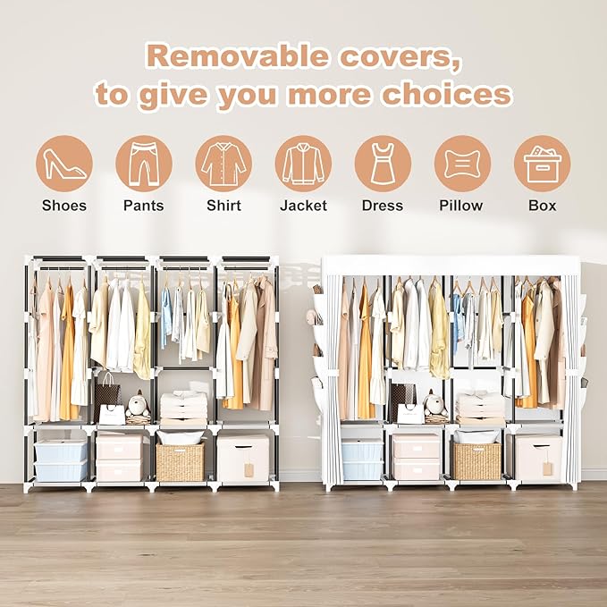 Portable Closet for Hanging Clothes, 67 Inch Wide Portable Wardrobe Closet with Cover, 4 Hanging Rod, Storage Shelves and Sid