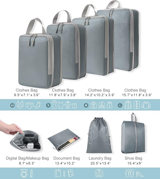 WOOMADA Compression Packing Cubes for Suitcases Travel Essentials 8 Set Expandable Travel Bags Organizer for Luggage(concrete