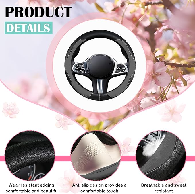 SuperKaKa Gray and Black Car Steering Wheel Cover 2025, Universal Auto PU Cute Breathable Slip-Proof Comfort Imitation Leathe