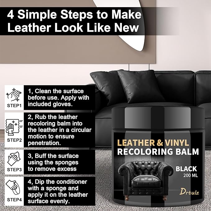 Black Leather Recoloring Balm, Leather Repair Kit for Furniture, Leather Scratch Remover, Leather Color Restorer for Couch, C