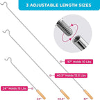 Closet Reacher Pole with Hook and Wooden Handle, Heavy Duty - Adjustable 2.75-5 Feet, Chrome Plated Steel Clothing Hanger She