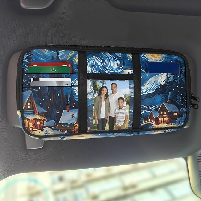 Town Print Car Sun Visor Storage Bag Pocket Organizer Car Storage Pouch Holder with Multi-Pocket Net Zipper Auto Interior Accessories