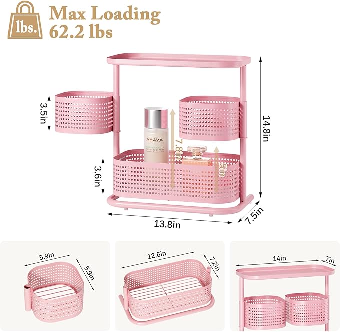 KINGRACK 3 Tier Pink Bathroom Counter Organizer, Rotating Makeup Organizer for Vanity, Perfume & Skincare Standing Shelf, Van